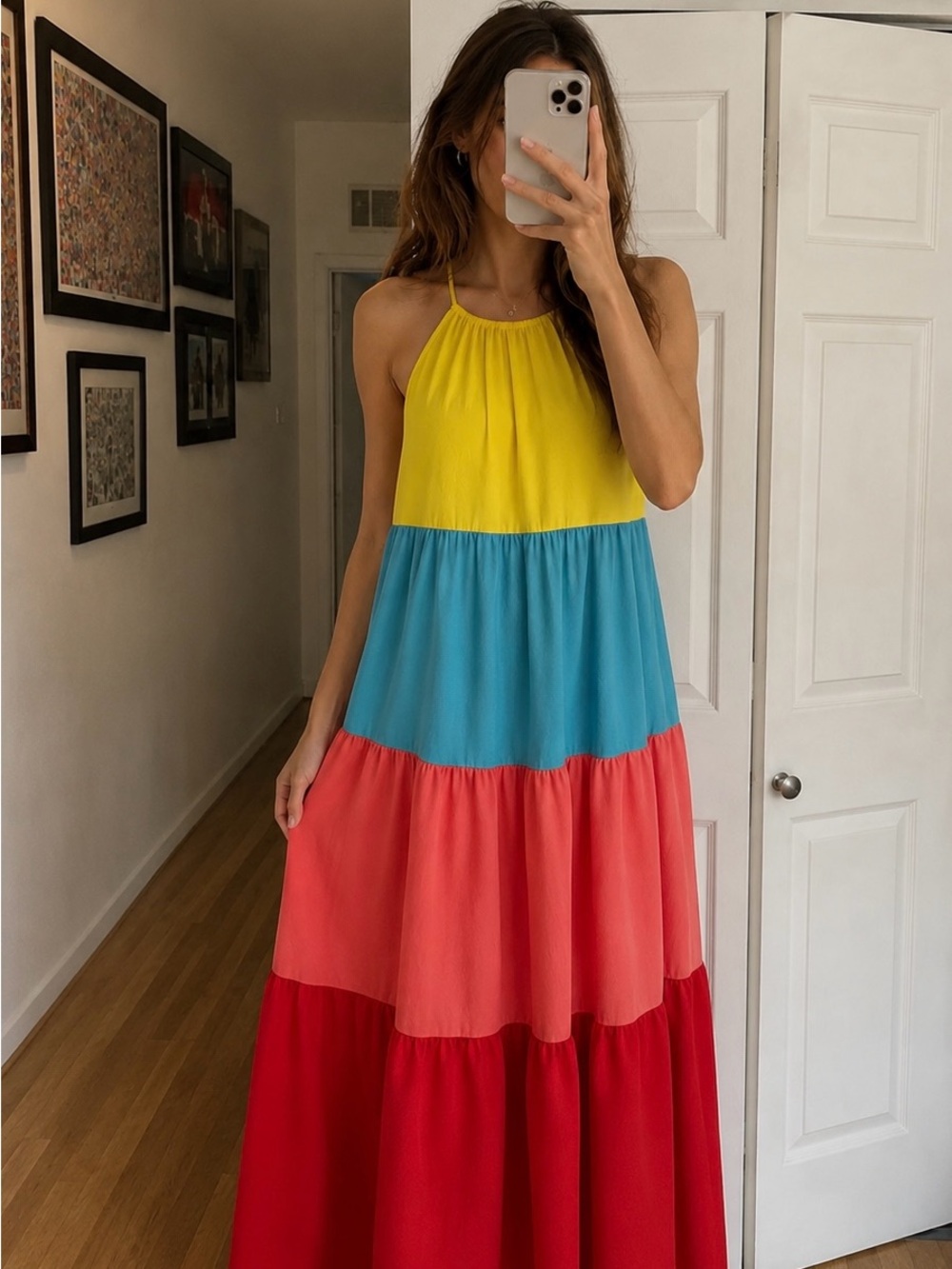 Tiered Halter Maxi Dress in Yellow, Blue, Coral & Red